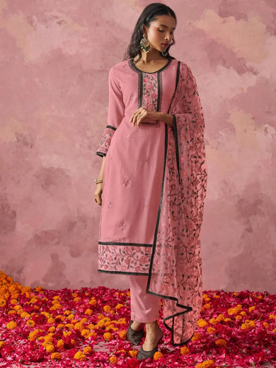 Attractive Pink Thread Embroidery Party Wear Pant Suit - Ethnic Plus In